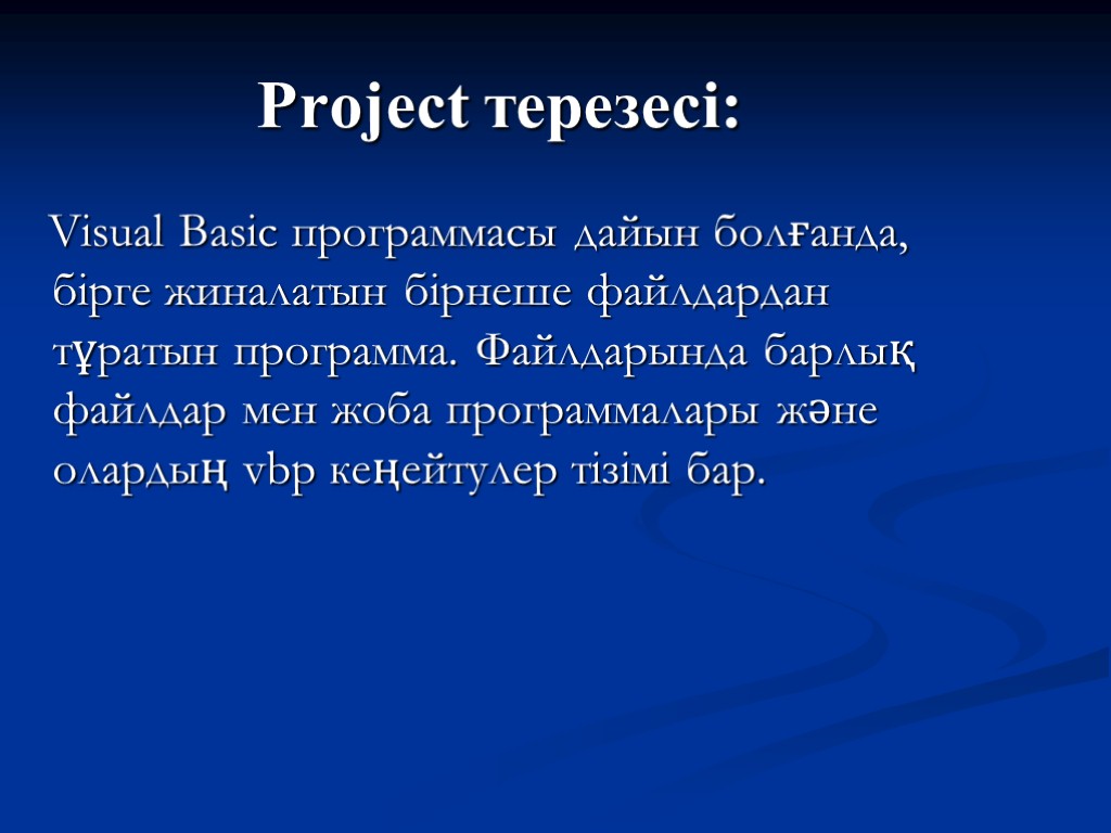 Project терезесі: Visual Basic программасы дайын болғанда, бірге жиналатын бірнеше файлдардан тұратын программа. Файлдарында